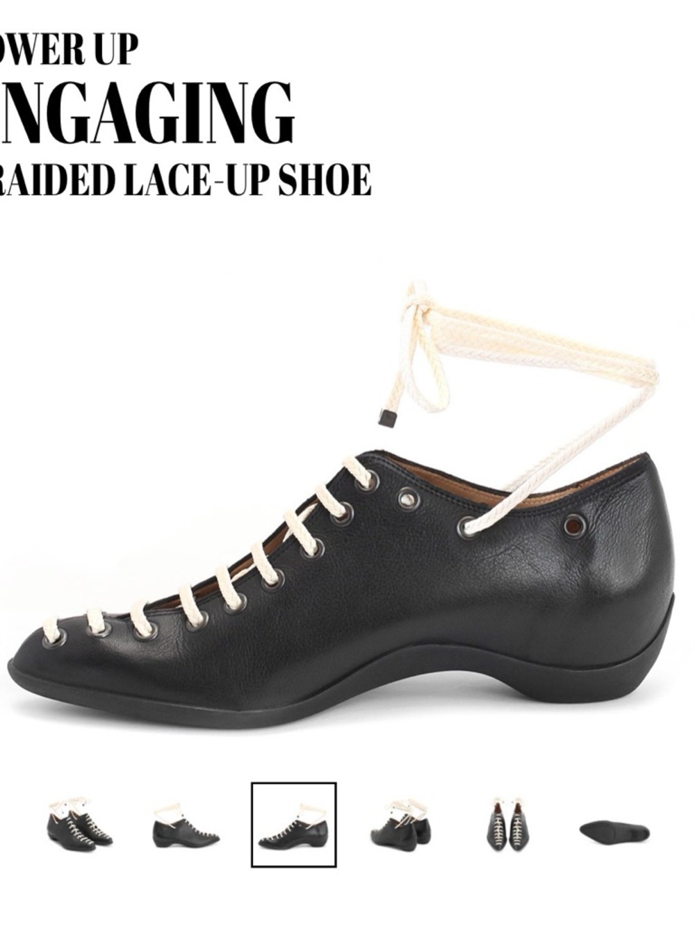 John Fluevog Black Braided Lace-Up Flat with Cream Laces